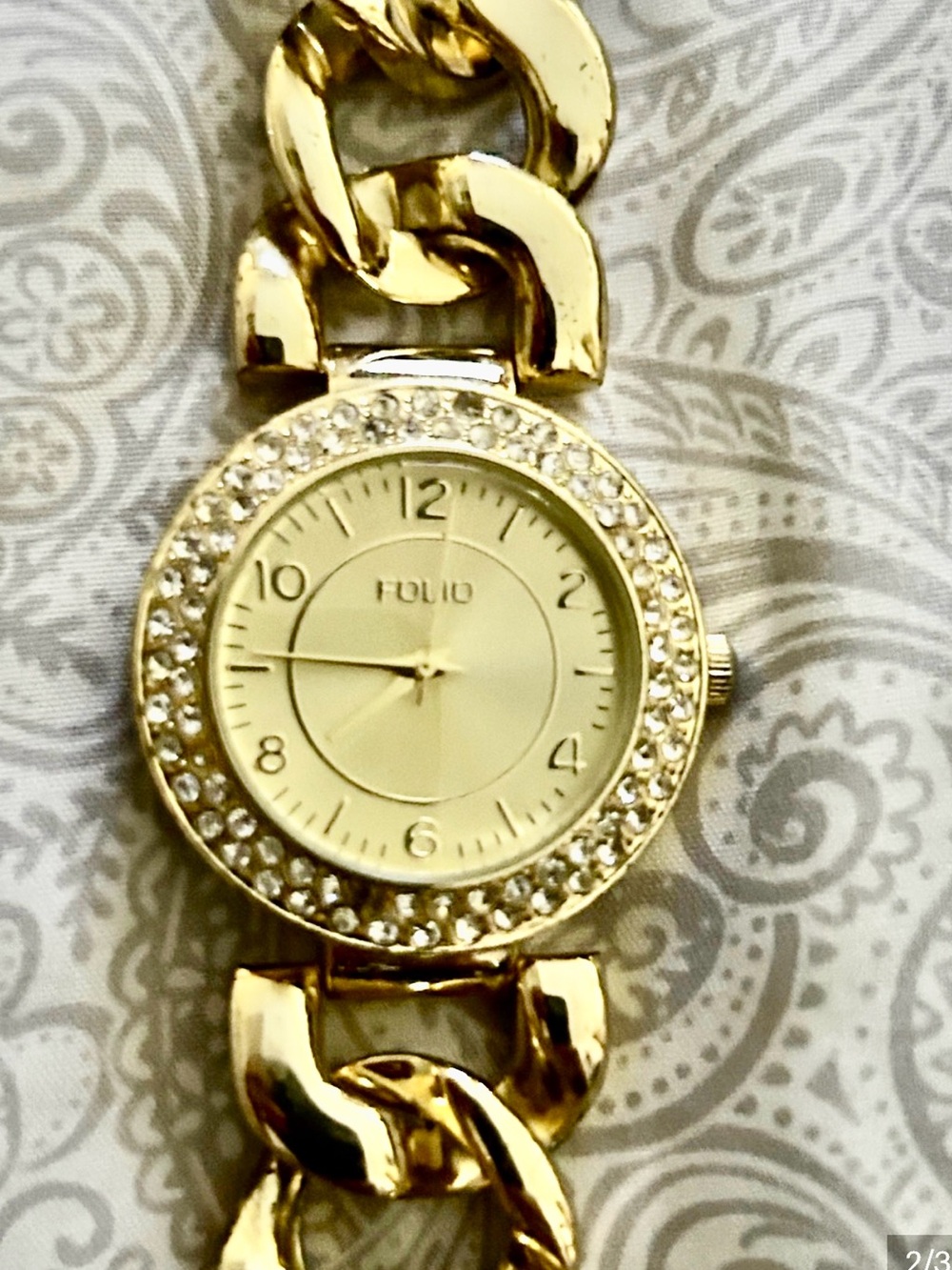 Folio Gold Chain-Link Women's Watch with Crystal Bezel